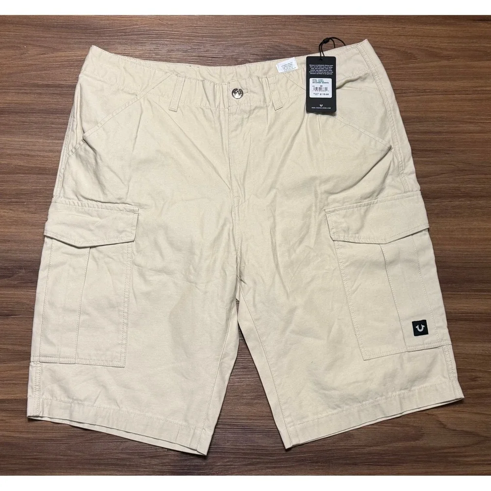 True Religion Mens Single Needle Cargo Shorts Tapioca Beige (107927) Size 38